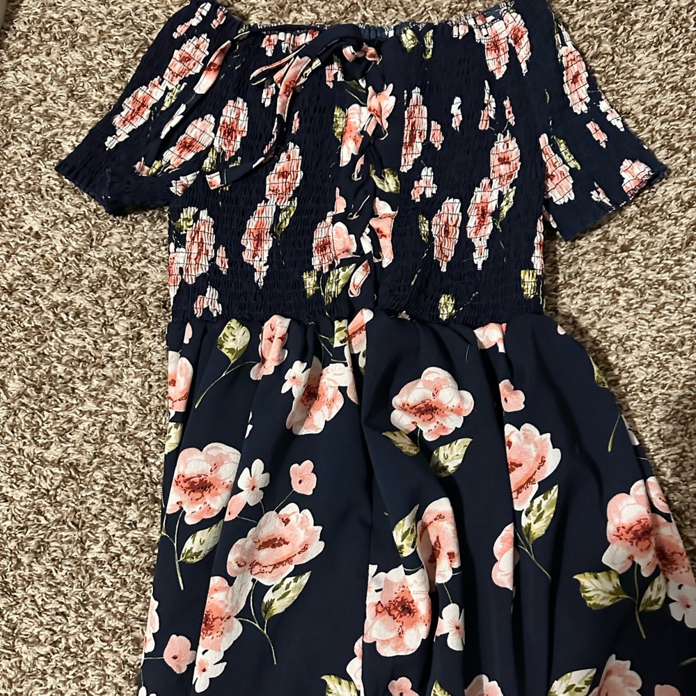 navy and pink floral romper